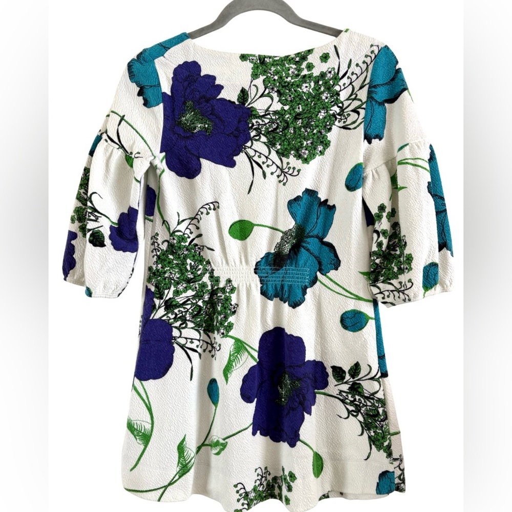 Anthropologie Deletta Blue Poppy Tunic XS Textured Floral Oversized 3/4 Sleeve
